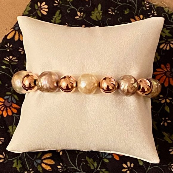 Radiant Honora Ming Pearl and Italian Rose Gold Bronze Bead Bracelet, 6.5" - Picture 6 of 13